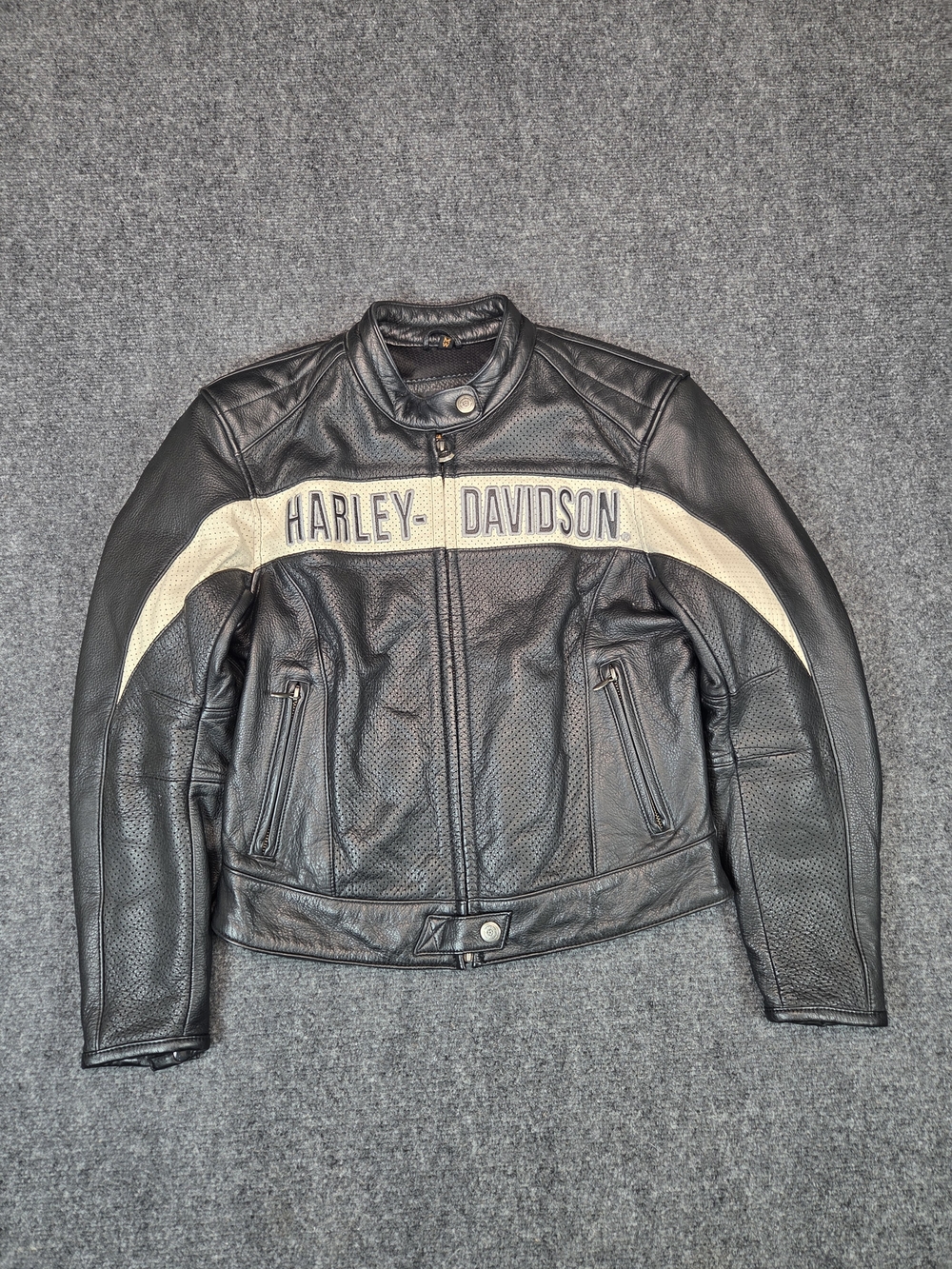 Harley-Davidson Perforated Leather Motorcycle Jacket Womens Medium Black & Cream
